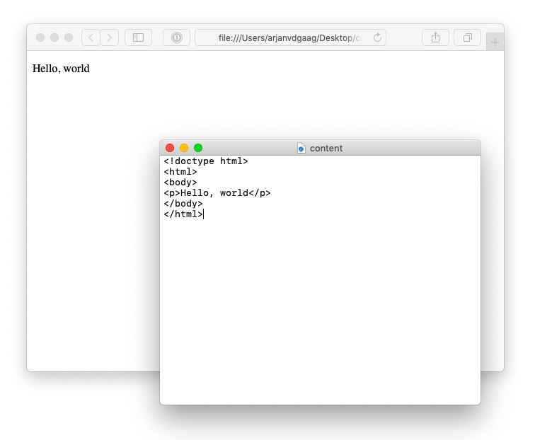Our first HTML page opened in TextEdit and Safari on macOS.